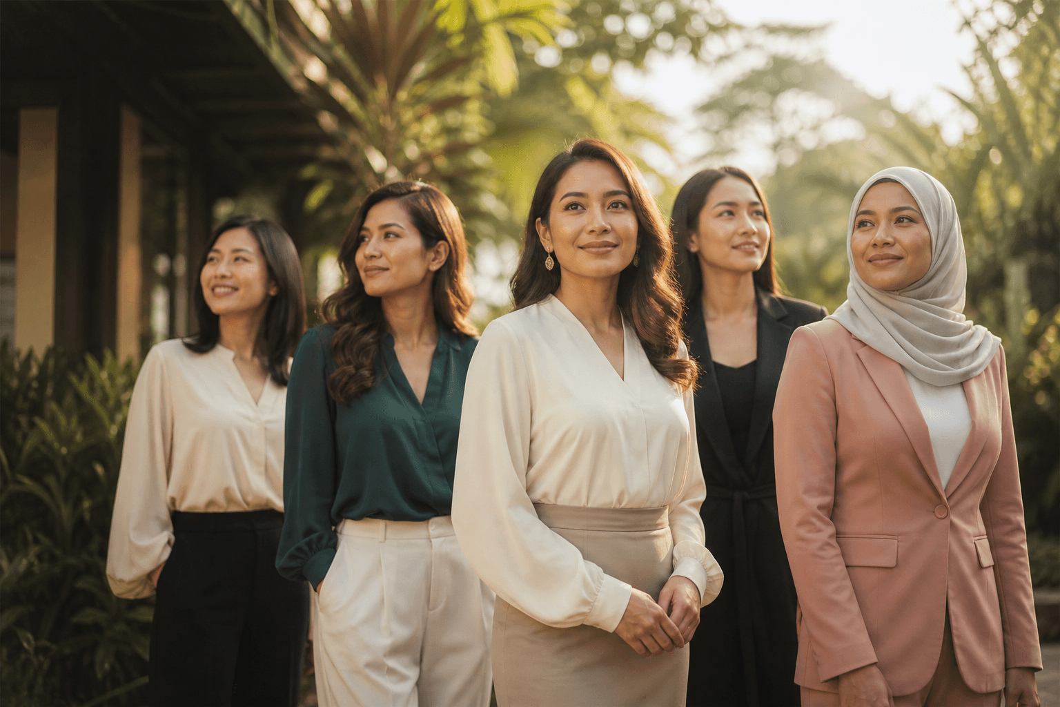 Women leaders standing together in nature-inspired light